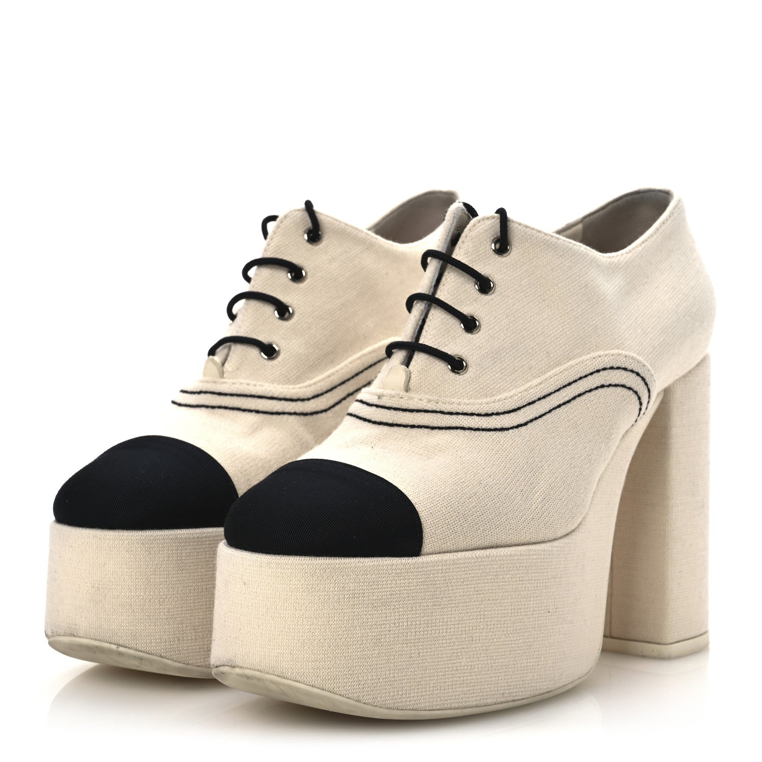 Chanel Canvas Lace Up Oxford Pumps 38 White Black 1708764