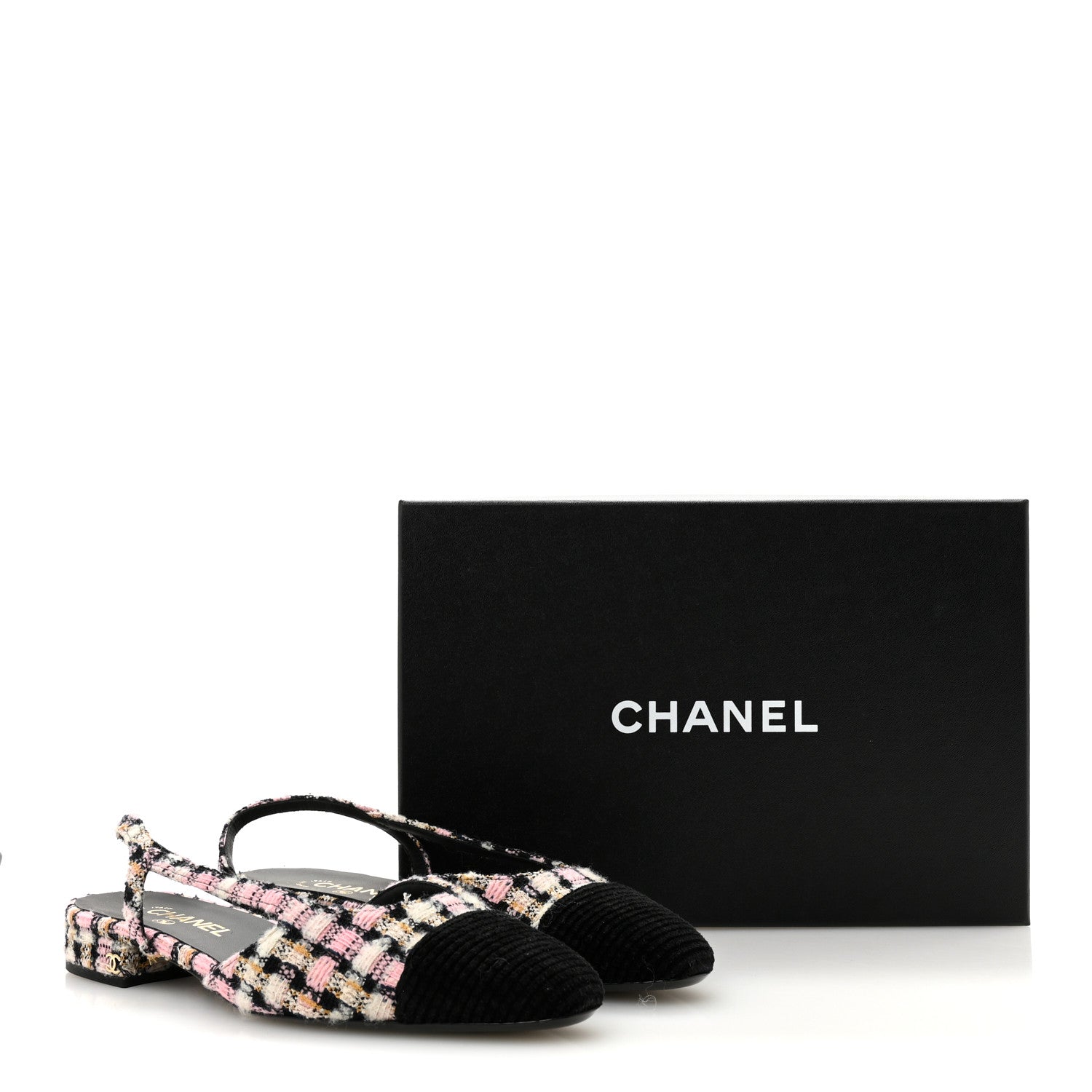 Chanel Tweed Cap Toe CC Slingback Flats 40 Black Pink White 10 of 10