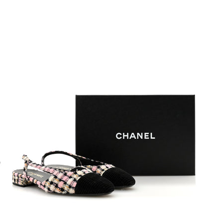 Chanel Tweed Cap Toe CC Slingback Flats 40 Black Pink White 10 of 10