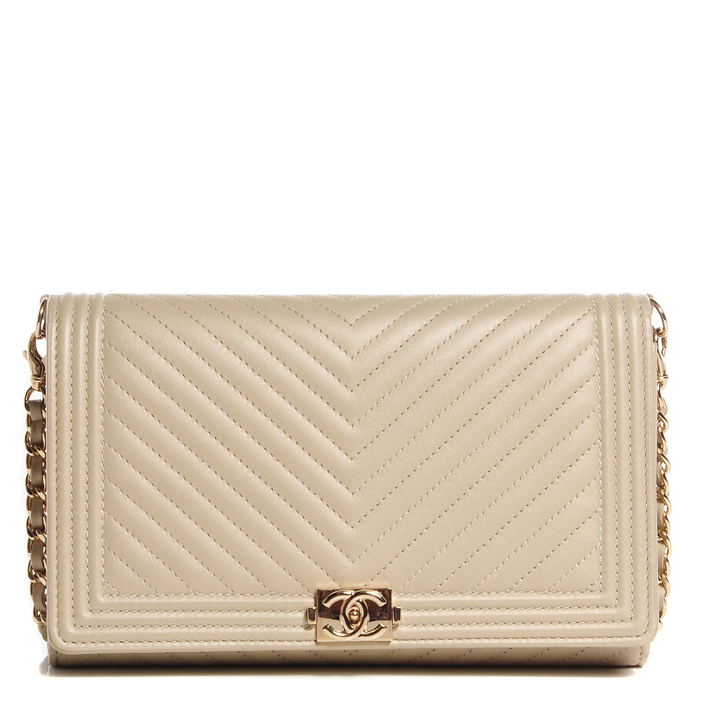 Calfskin Chevron Boy Wallet On Removable Chain WOC Beige Clair