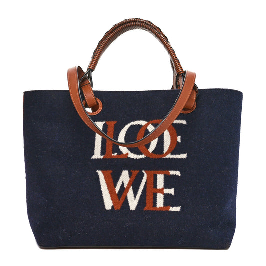 Wool Calfskin Small Love Anagram Tote Navy Tan