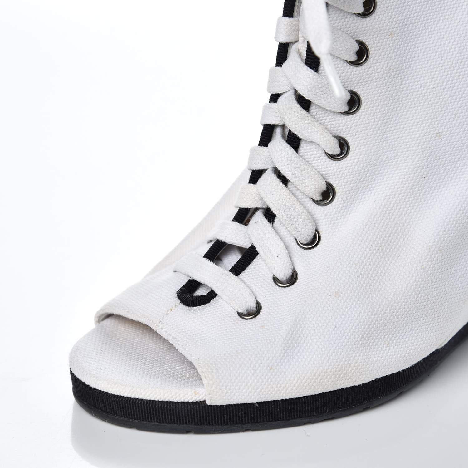 Chanel Canvas Lace Up Wedge Boots 37.5 White Black 11 of 13