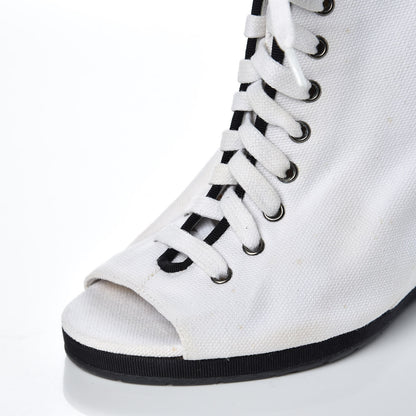 Chanel Canvas Lace Up Wedge Boots 37.5 White Black 11 of 13