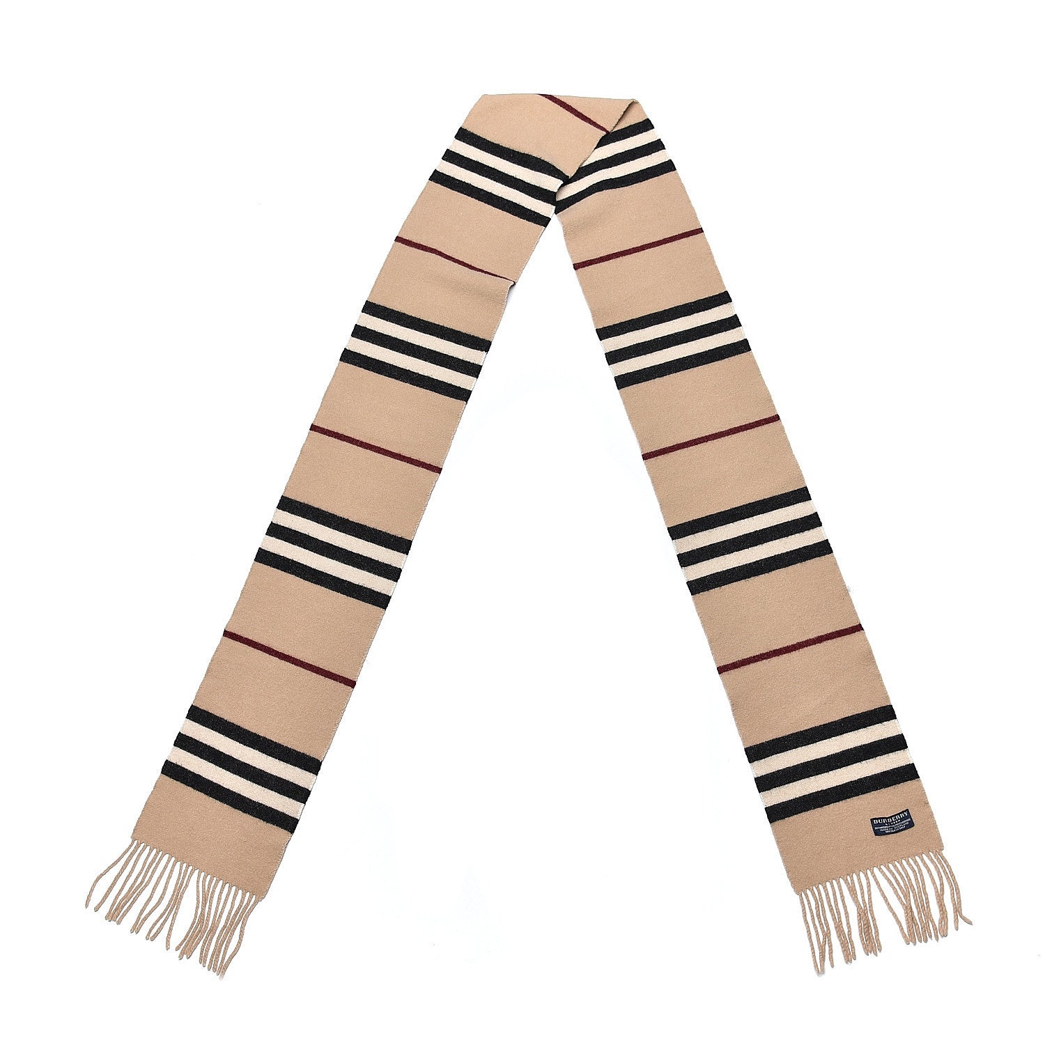 Burberry Merino Wool Cashmere Striped Fringe Scarf Camel 3 of 4