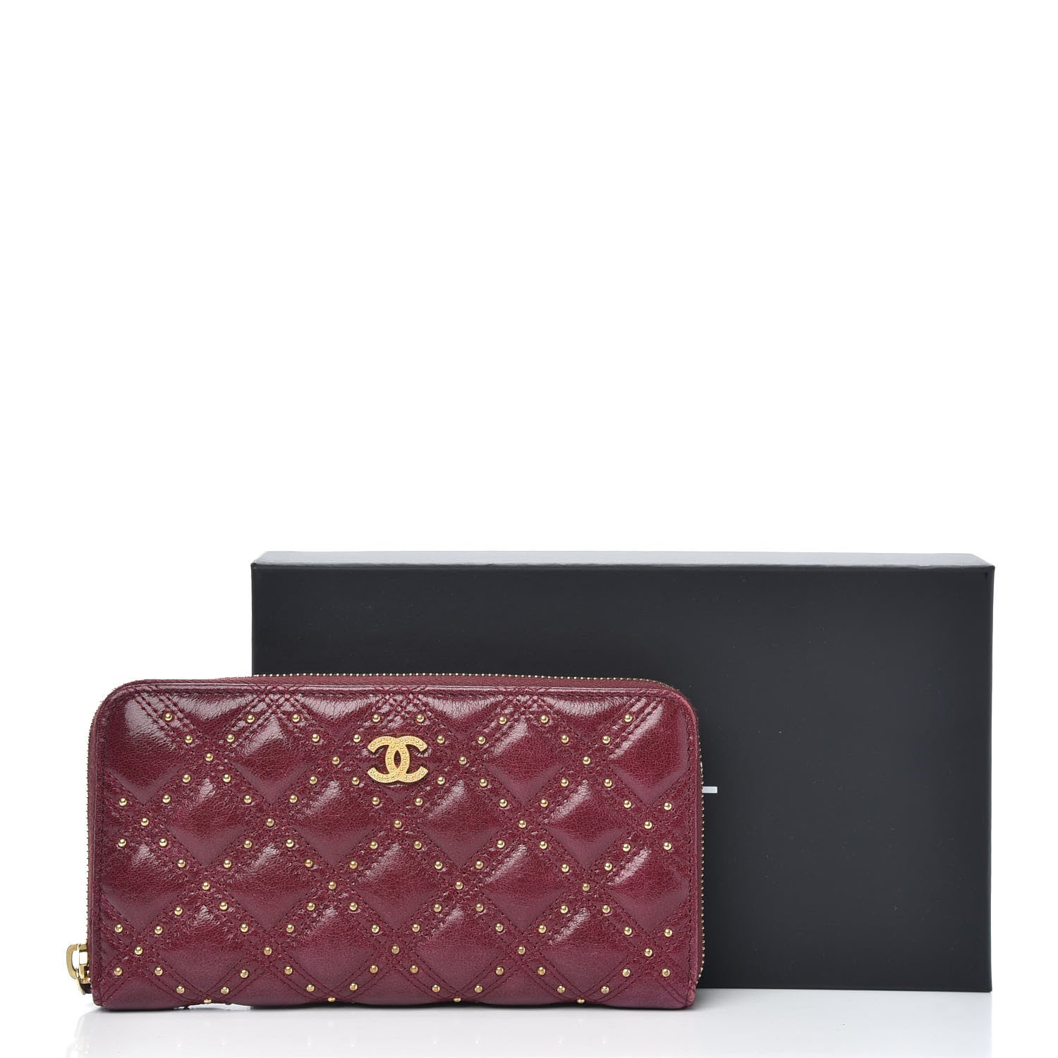 Chanel Lambskin Studded Quilted Zip Around Wallet Burgundy 13 of 13