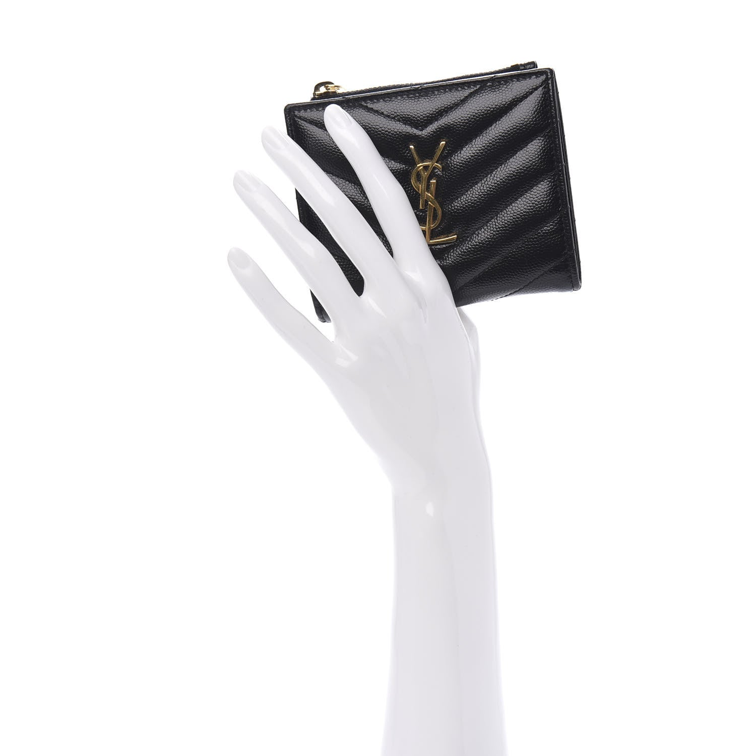 Saint Laurent Grain De Poudre Matelasse Chevron Monogram Zipped Card Case Black 2 of 9