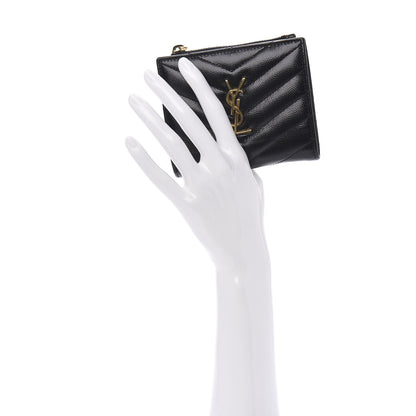 Saint Laurent Grain De Poudre Matelasse Chevron Monogram Zipped Card Case Black 2 of 9