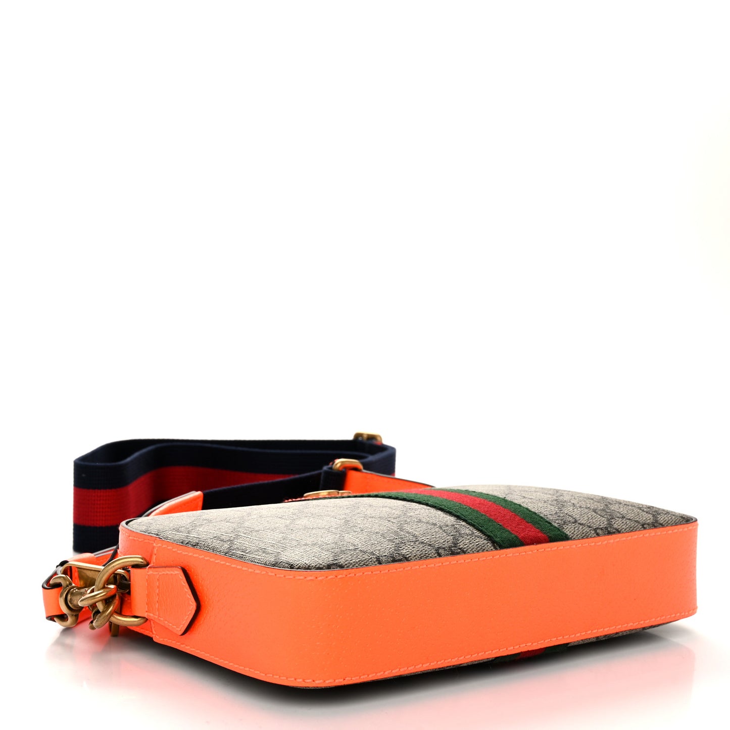 GG Supreme Monogram Textured Dollar Calfskin Web Ophidia Wristlet Shoulder Bag Beige Ebony Orange