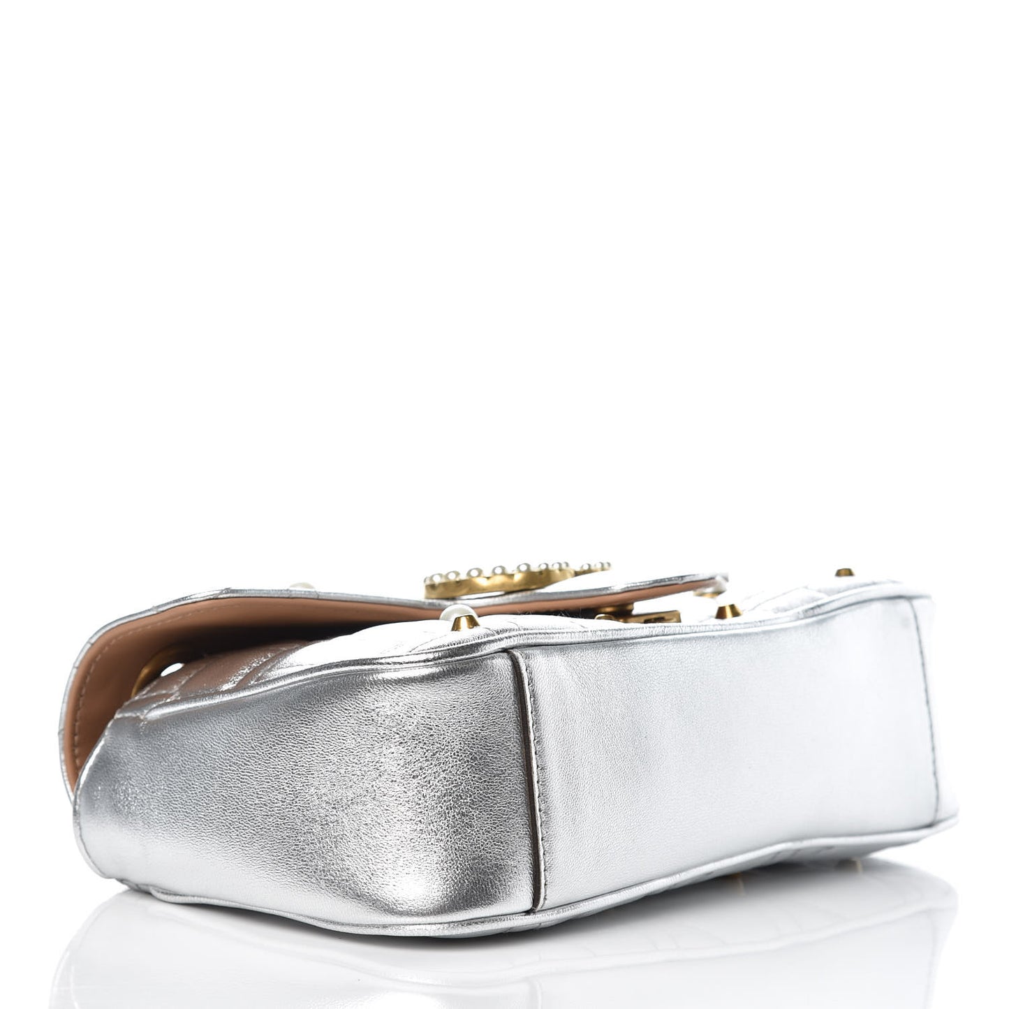Metallic Calfskin Matelasse Studded Mini Pearly GG Marmont Shoulder Bag Silver