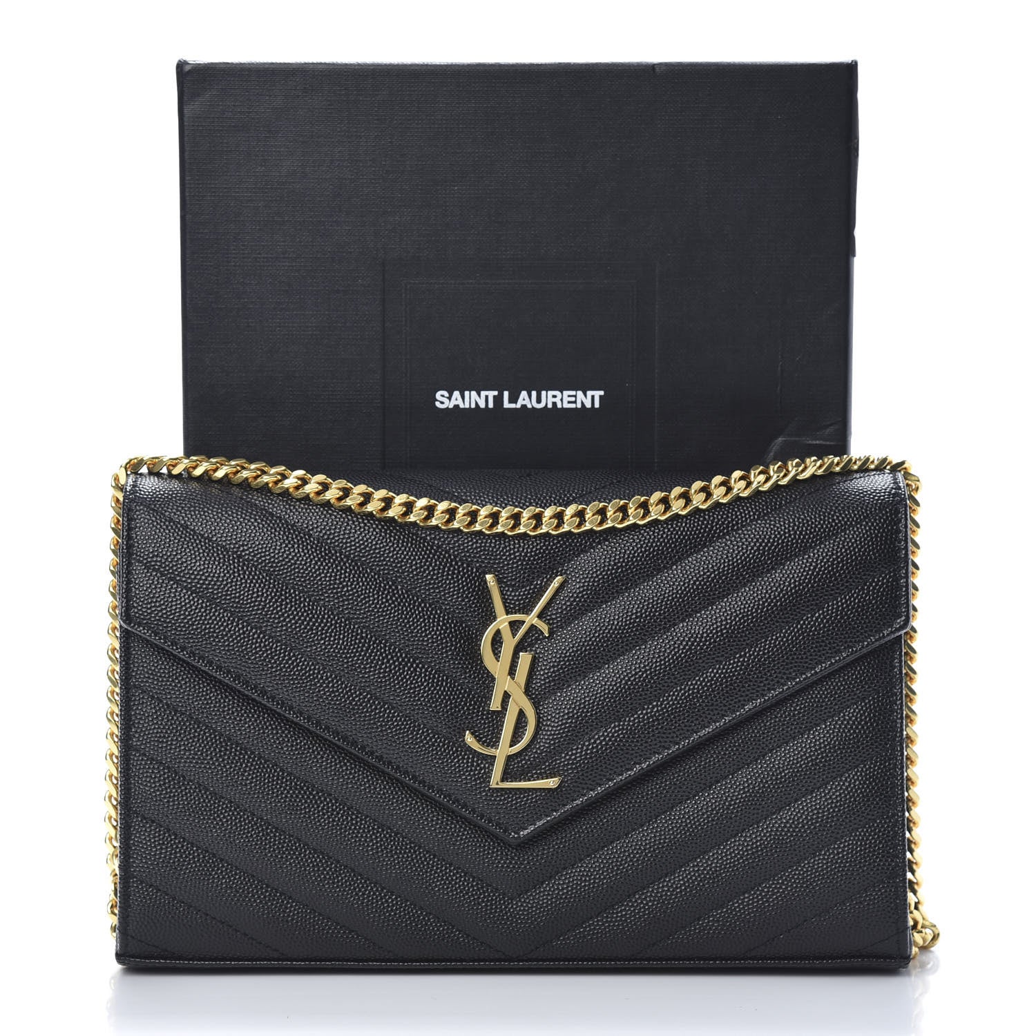 Saint Laurent Grain De Poudre Matelasse Chevron Monogram Chain Wallet Black 10 of 10