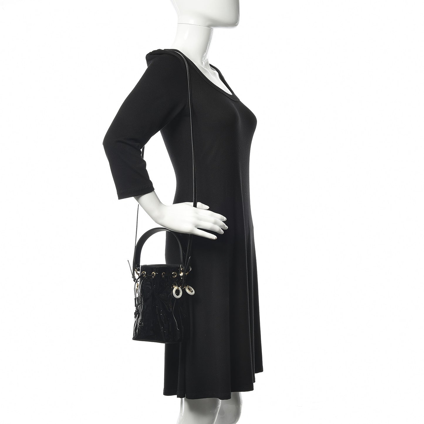 Vitello Vernice Mou F is Fendi Karligraphy Embossed Mini Mon Tresor Bucket Bag Black