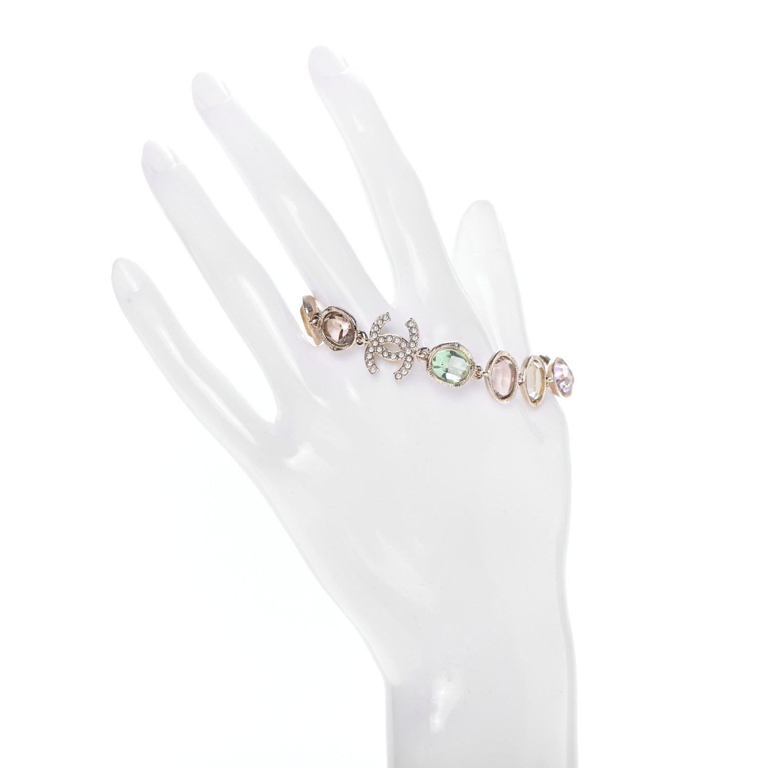 Chanel Metal Glass Crystal Strass Pearl CC Chain Bracelet Gold Multicolor Pearly White 2 of 4