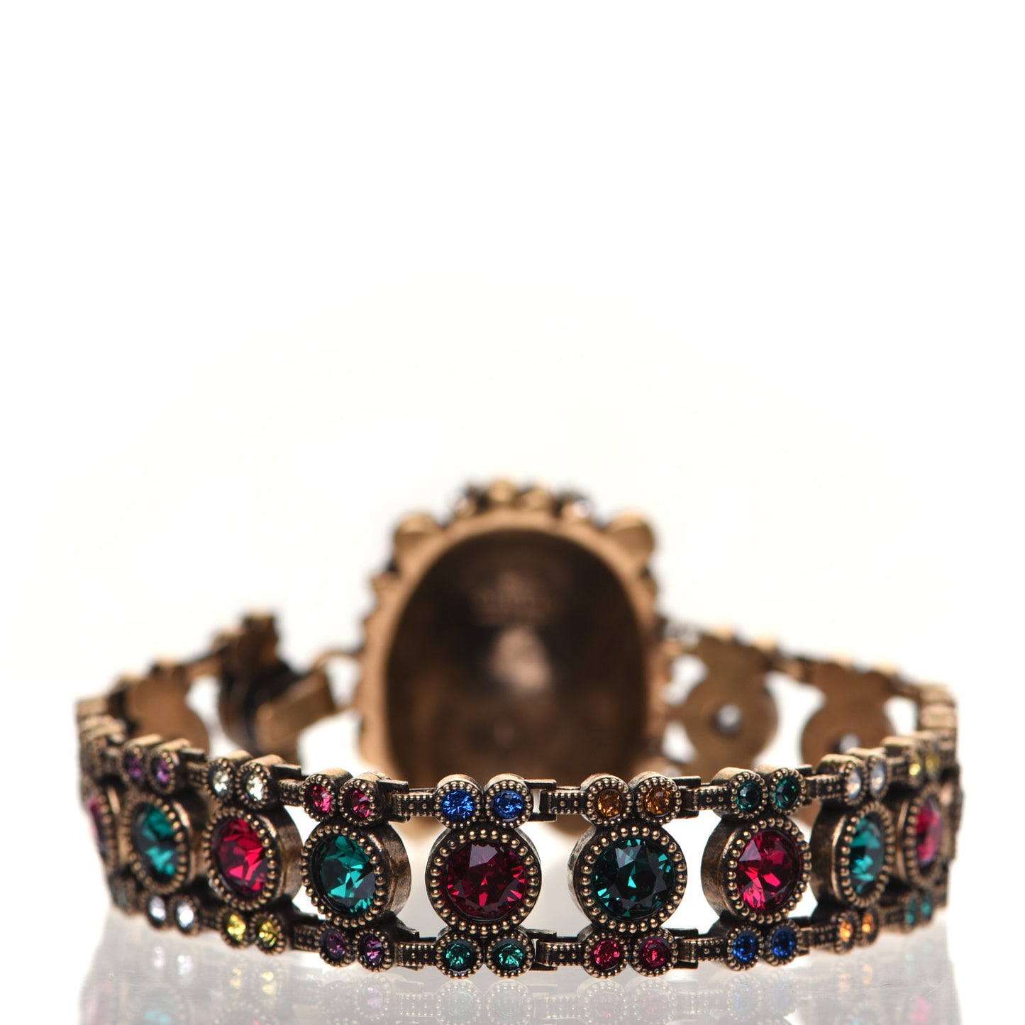 Metal Crystal Lion Head Bracelet L Aged Gold Multicolor