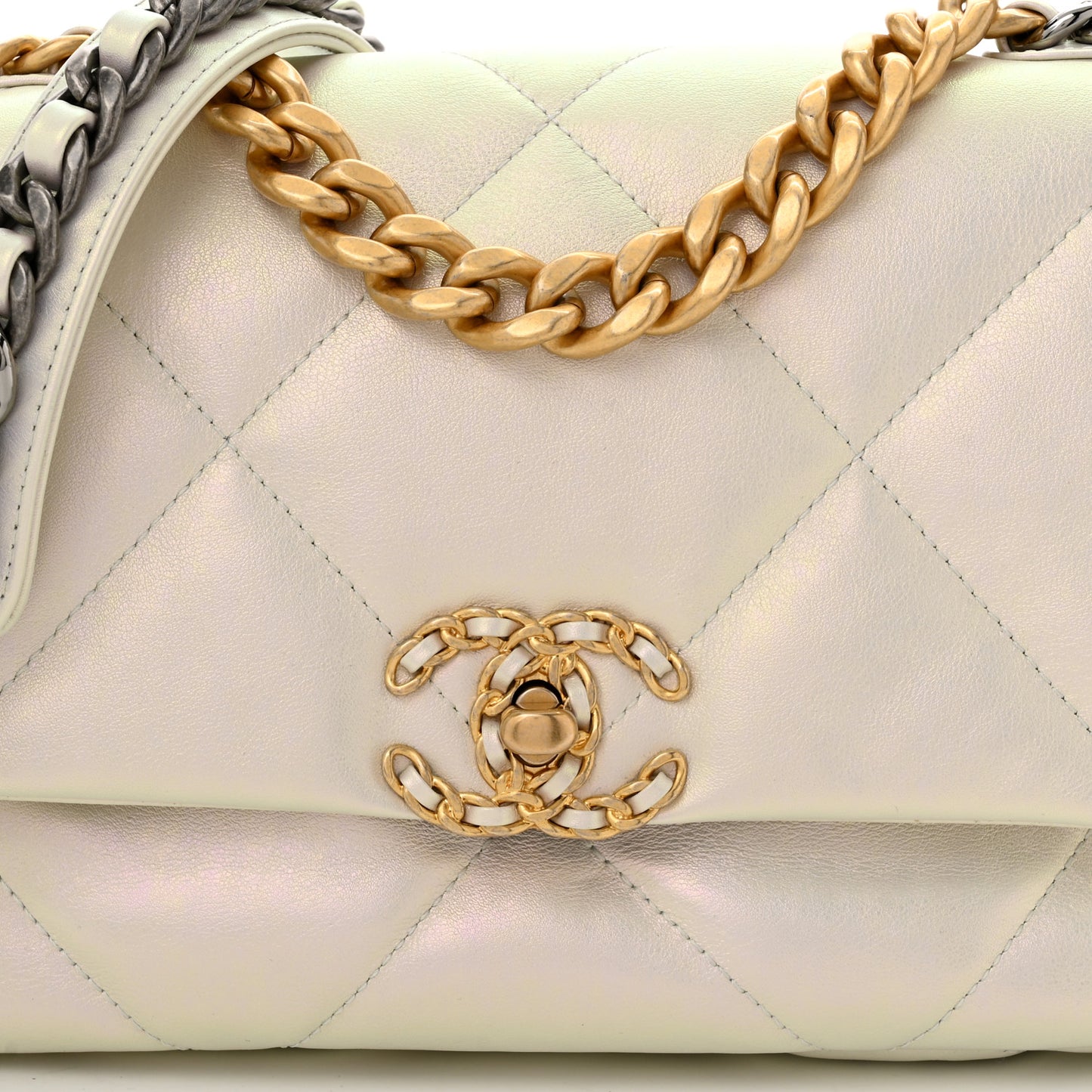 Iridescent Calfskin Quilted Medium Chanel 19 Flap White