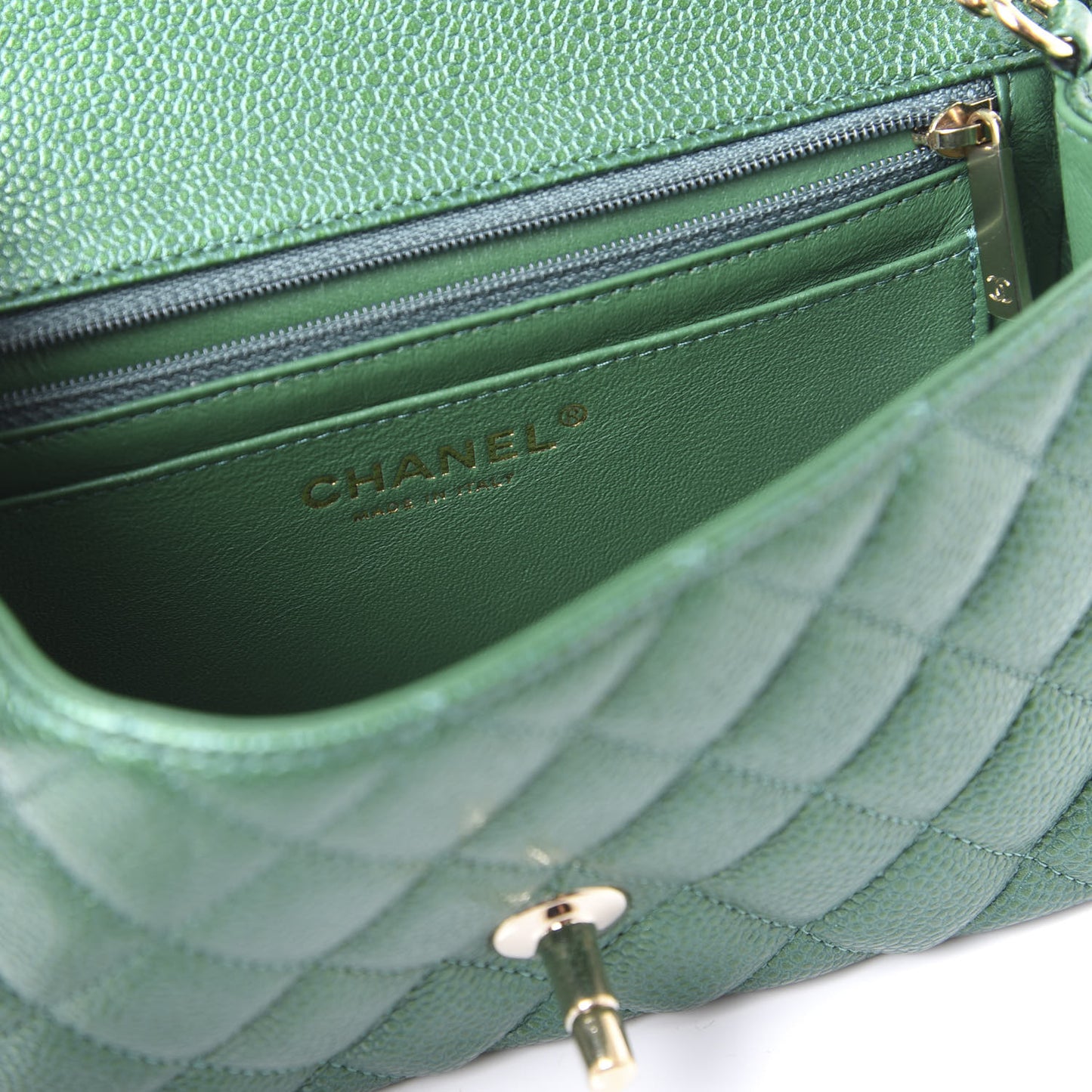 Metallic Caviar Quilted Mini Rectangular Flap Green