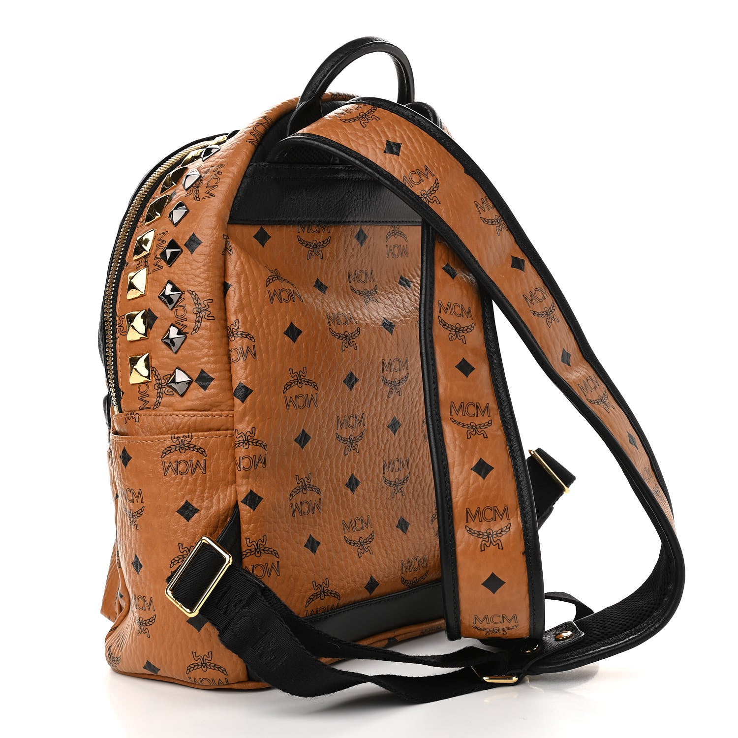 MCM Visetos Studded Colorblock Small Stark Brock Backpack Cognac Black 3 of 12