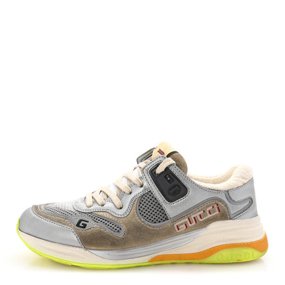Gucci Metallic Calfskin Suede Womens Ultrapace Sneakers 37.5 Silver Oatmeal 1 of 9