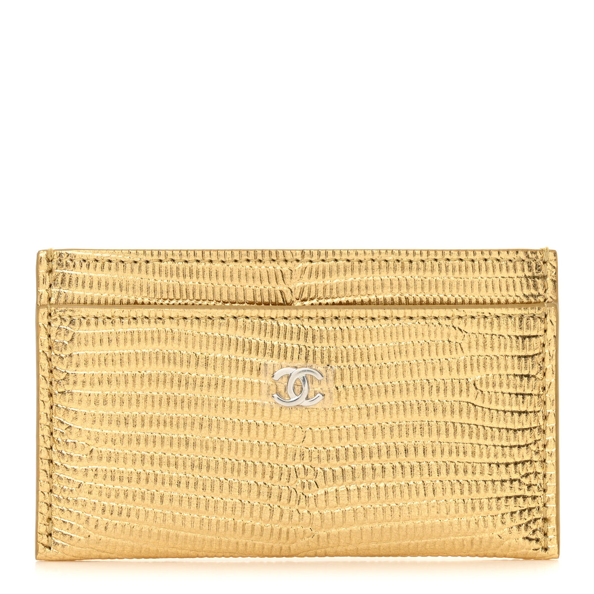 Chanel Metallic Calfskin Lizard Embossed Card Holder Gold 1 of 8