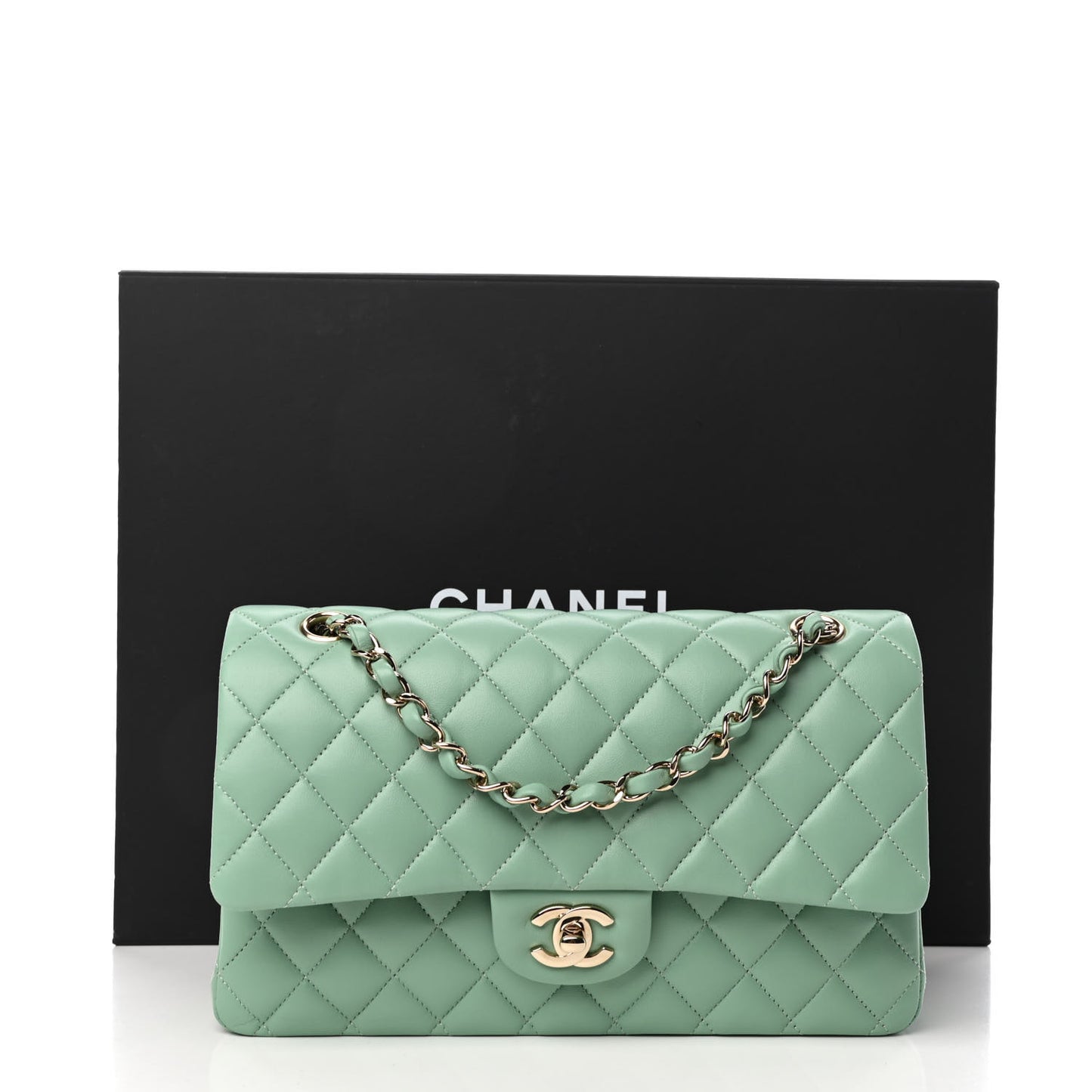 Lambskin Quilted Medium Double Flap Light Green