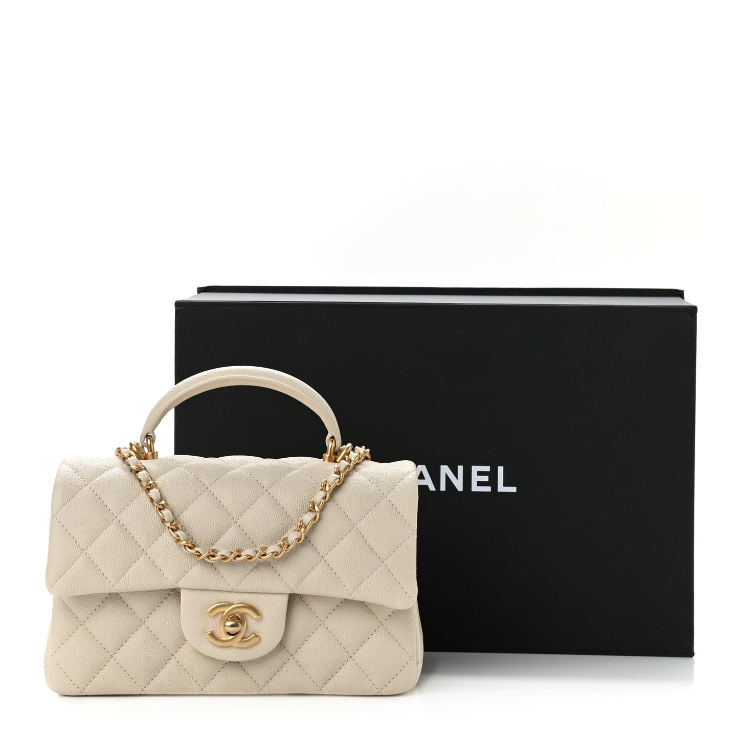 Caviar Quilted Mini Top Handle Rectangular Flap Beige
