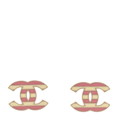 Chanel Enamel Striped CC Earrings Pink White Gold 1 of 4