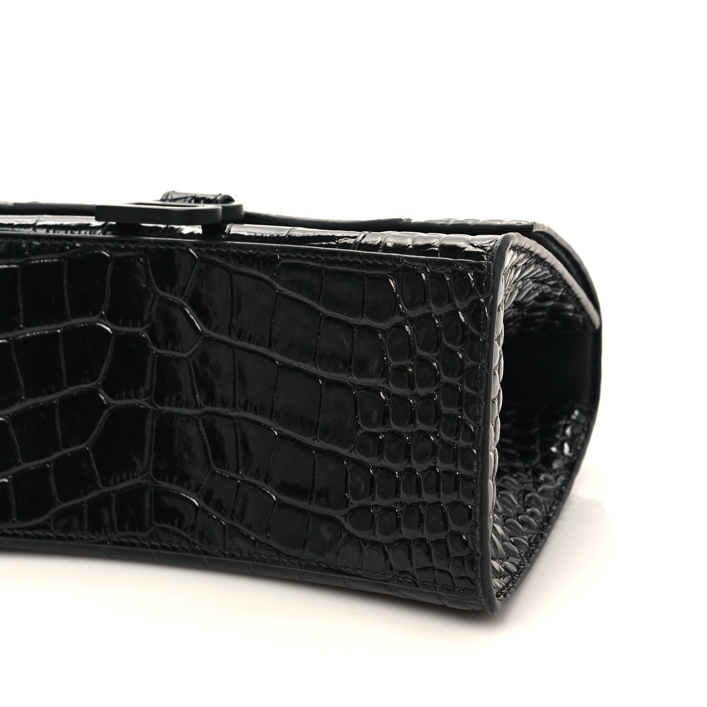 Shiny Calfskin Monochrome Crocodile Embossed Small Hourglass Top Handle Bag Black