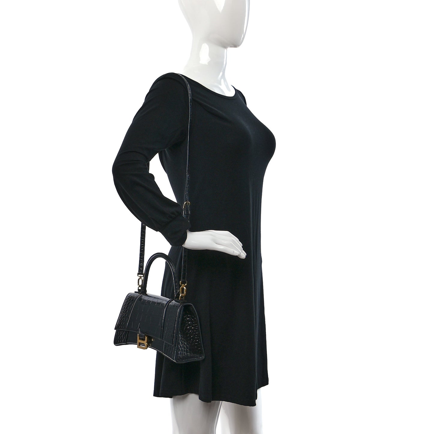 Shiny Calfskin Crocodile Embossed Small Hourglass Top Handle Bag Black