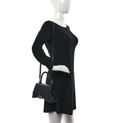 Balenciaga Shiny Calfskin Crocodile Embossed Small Hourglass Top Handle Bag Black 2 of 13