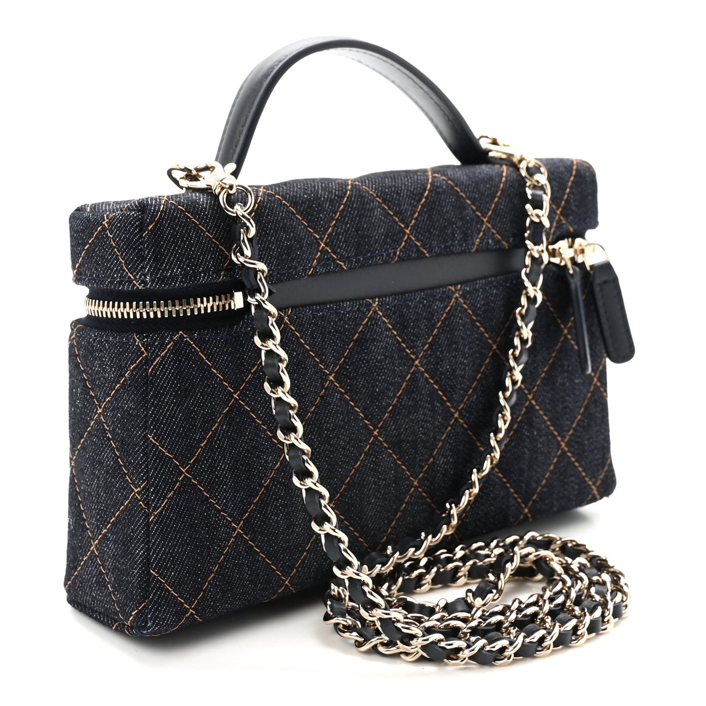 Denim Quilted Top Handle Slim Vanity Case With Chain Dark Blue Orange