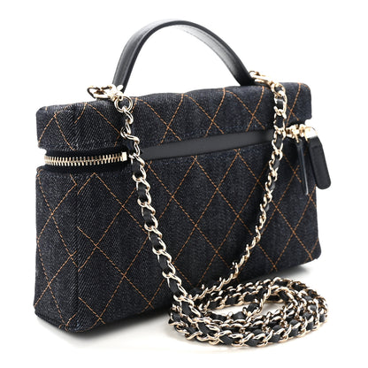 Chanel Denim Quilted Top Handle Slim Vanity Case With Chain Dark Blue Orange 2 of 10
