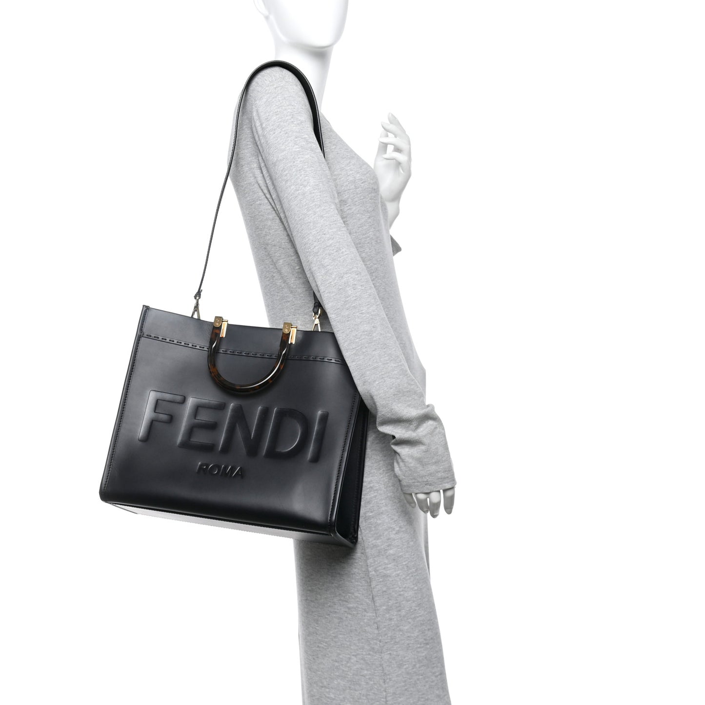 Vitello King Plexiglass Logo Embossed Medium Fendi Sunshine Shopper Tote Black