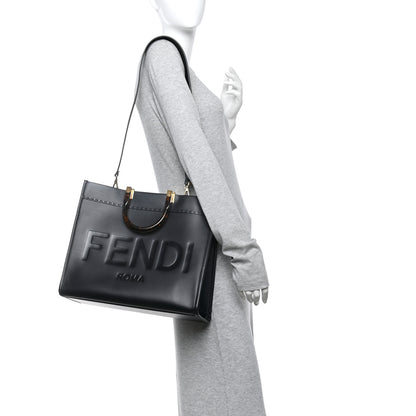 Fendi Vitello King Plexiglass Logo Embossed Medium Fendi Sunshine Shopper Tote Black 2 of 12