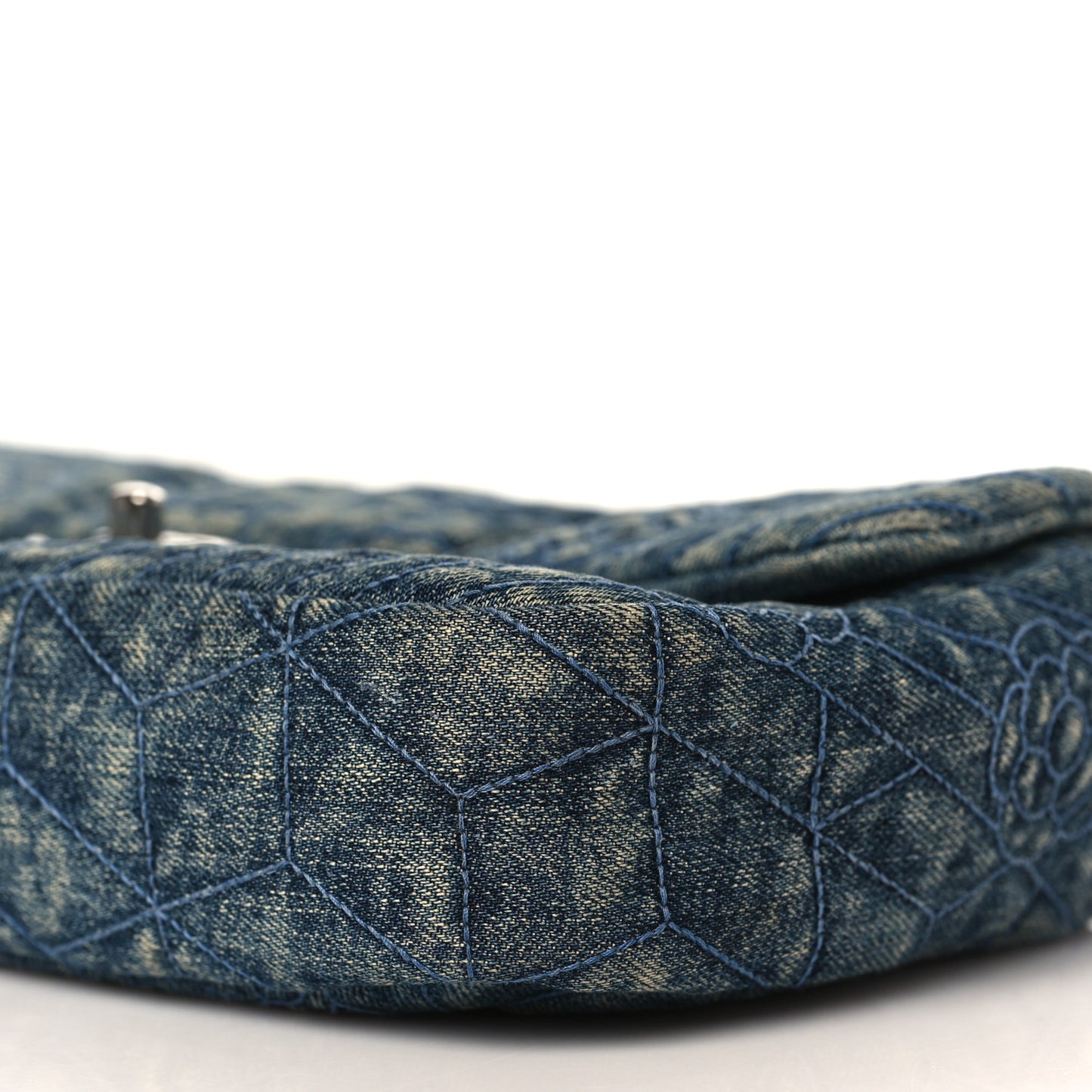 Denim Quilted Camellia Embroidered Medium Flap Blue