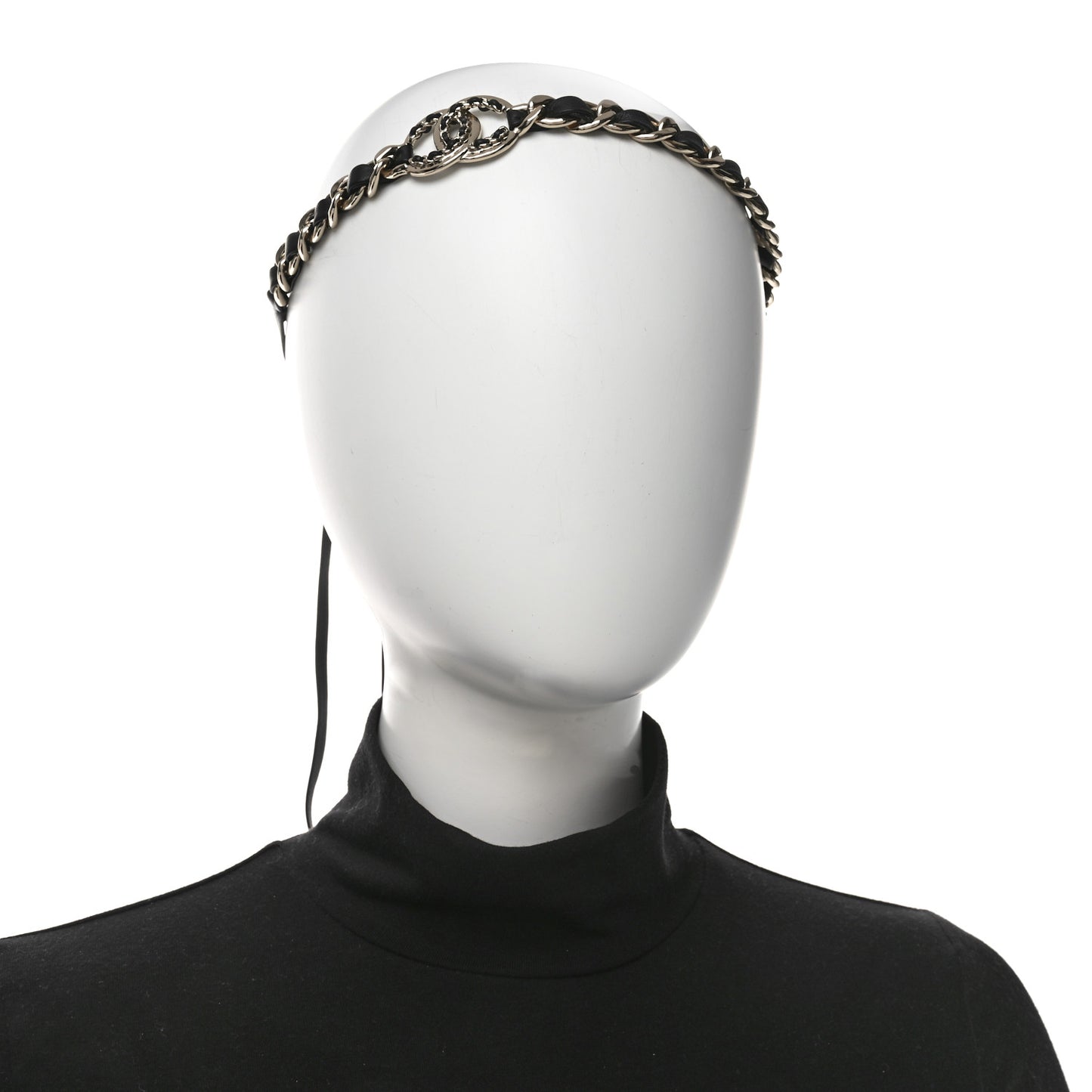 Metal Lambskin Crystal CC Chain Tie Headband Gold Black