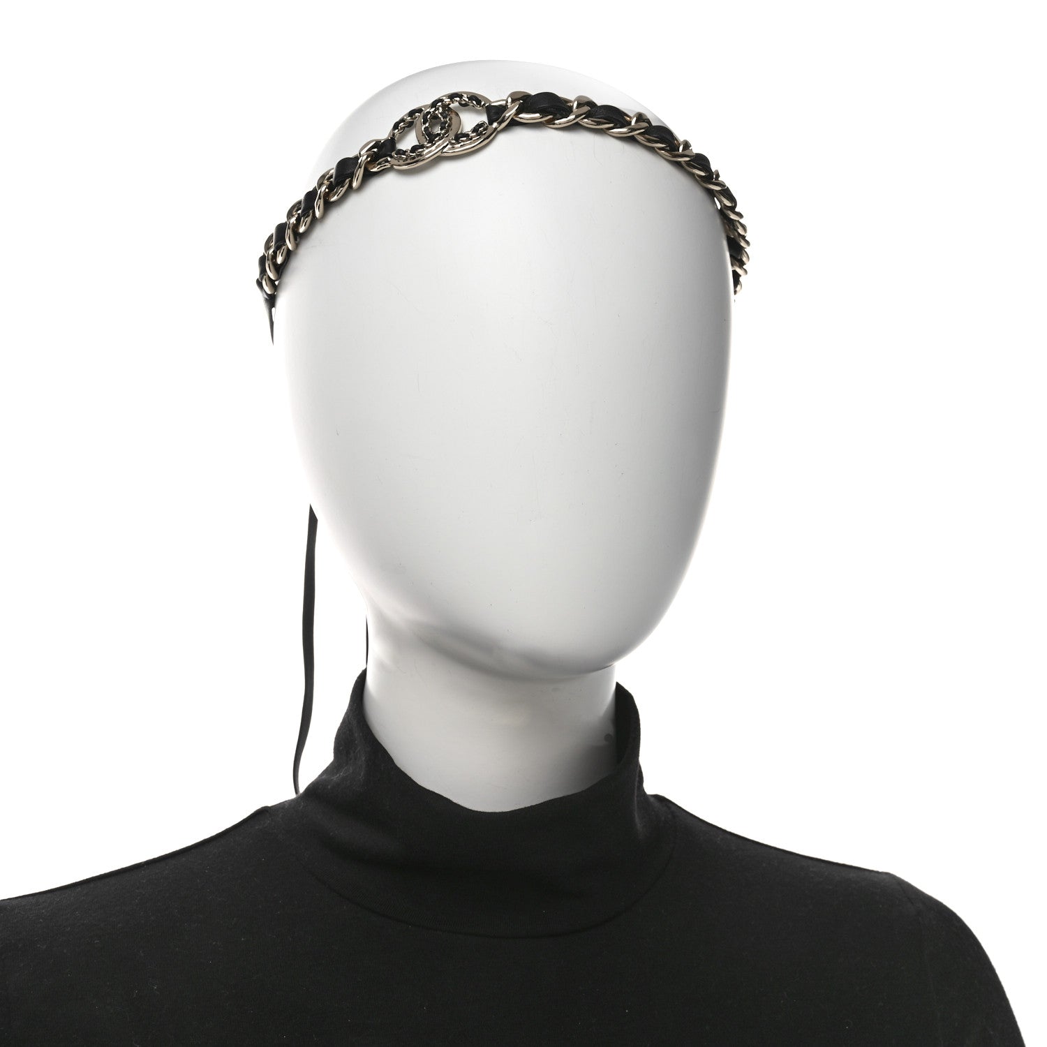 Chanel Metal Lambskin Crystal CC Chain Tie Headband Gold Black 2 of 5