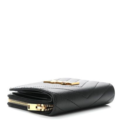 Saint Laurent Grain De Poudre Matelasse Chevron Monogram Compact Zip Around Wallet Black 4 of 11