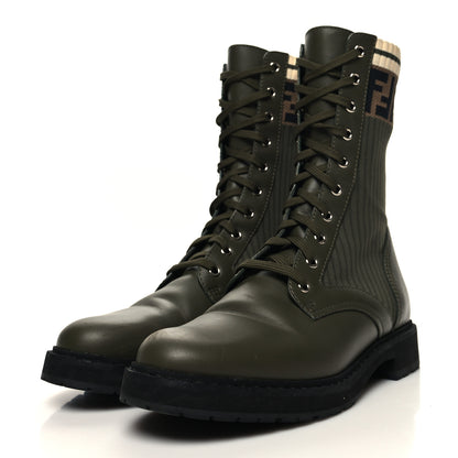 Fendi Vitello Stretch Fabric FF Rockoko Biker Boots 40.5 Military Oliva Tobacco Black 3 of 7