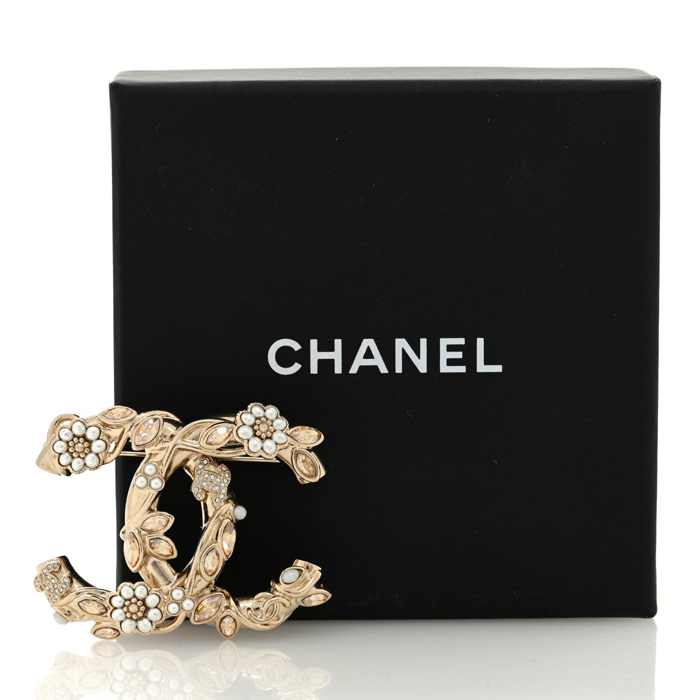 Pearl Crystal Camelia CC Leaves Brooch Gold Light Brown
