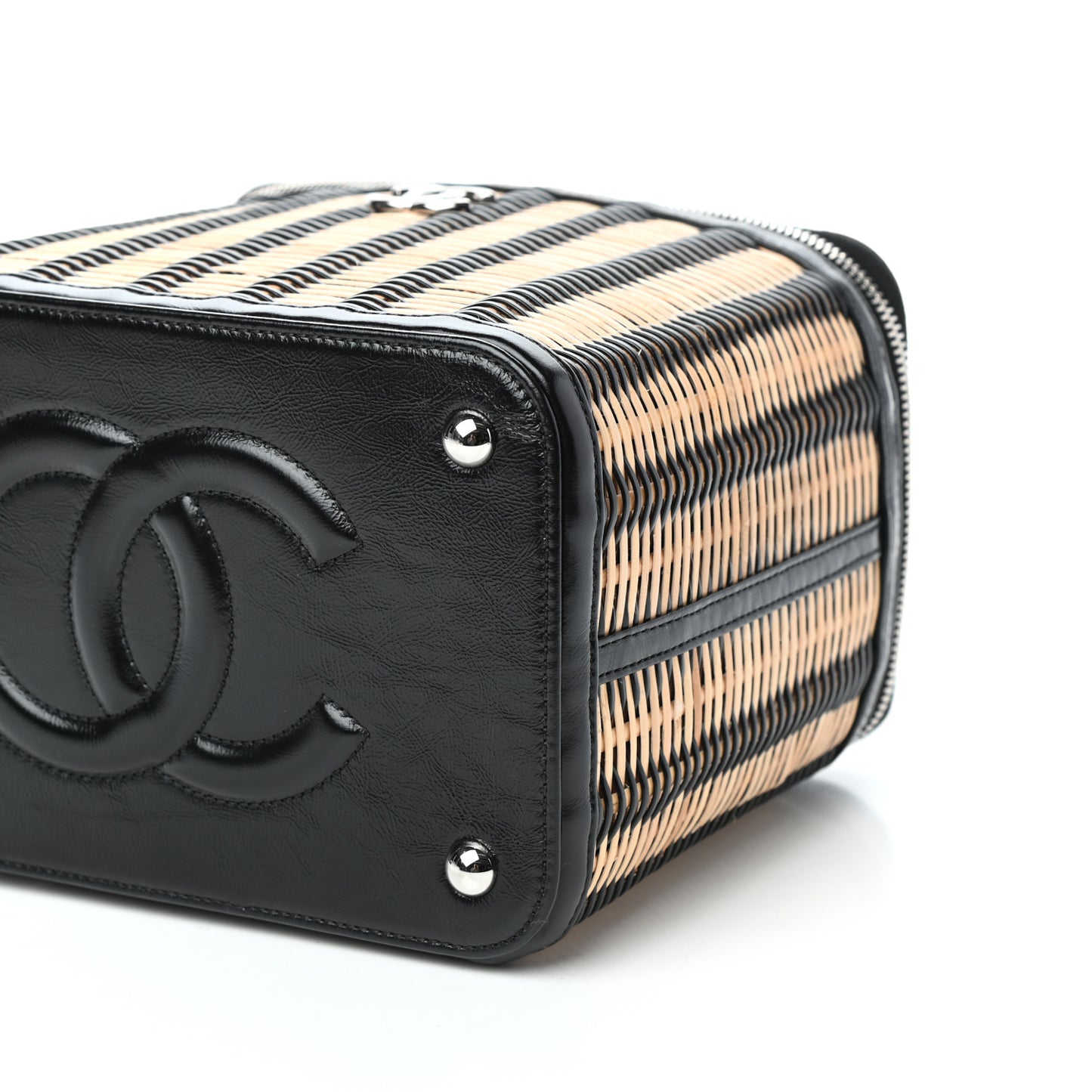 Glazed Calfskin Raffia Vanity Case Bag Black Beige