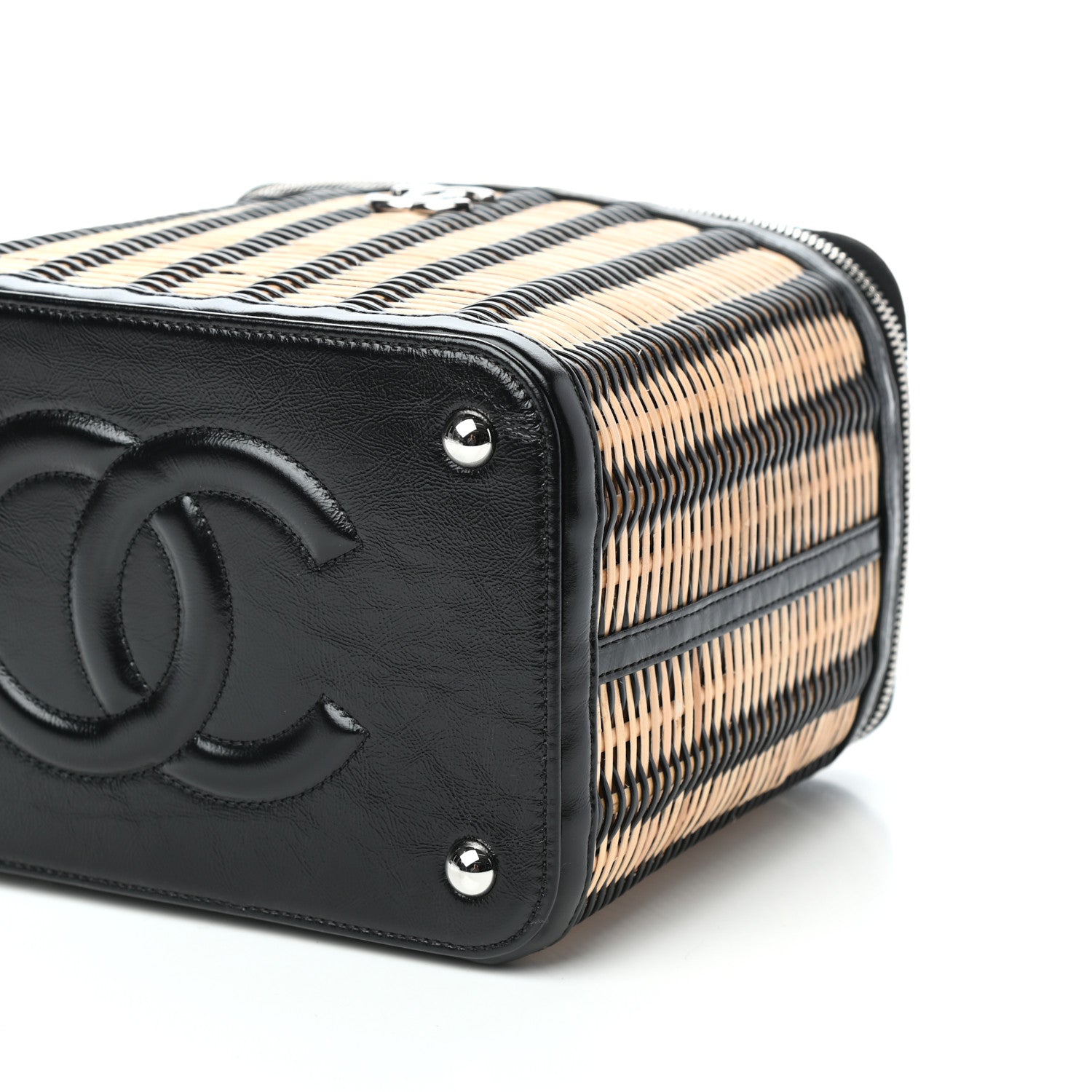 Chanel Glazed Calfskin Raffia Vanity Case Bag Black Beige 9 of 9