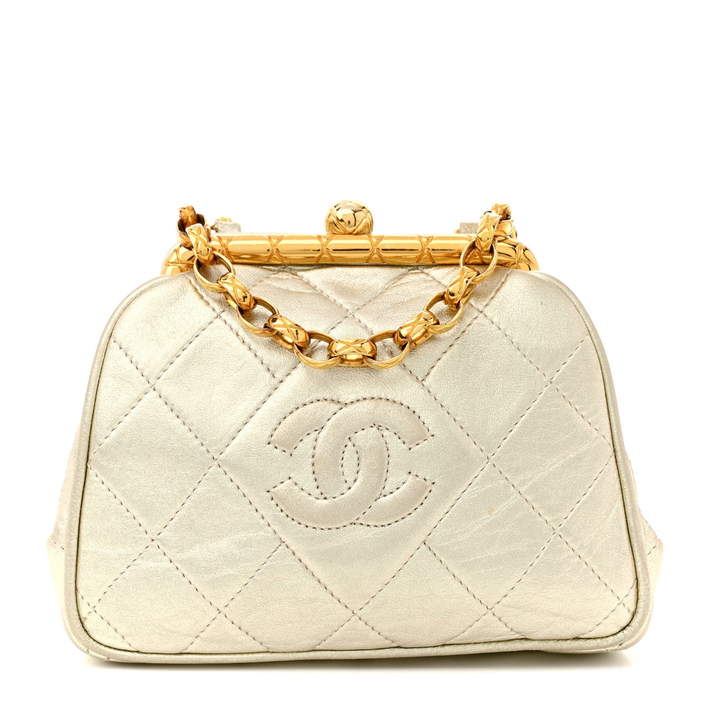 Metallic Lambskin Quilted CC Kiss Lock Evening Clutch Gold