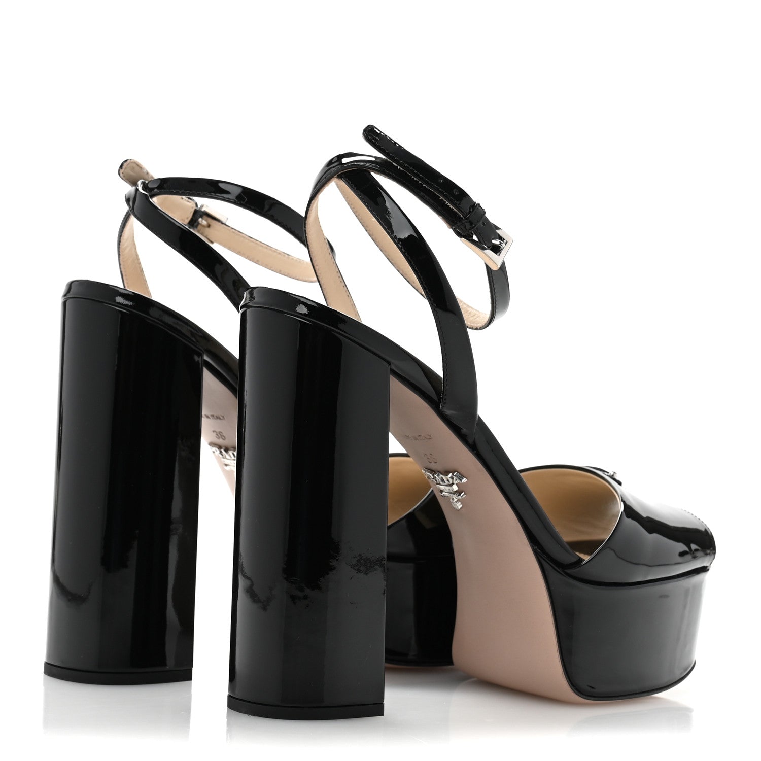 Prada Vernice Metal Triangle Logo Ankle Strap 40/135mm Platform Sandals 38 Black 5 of 8