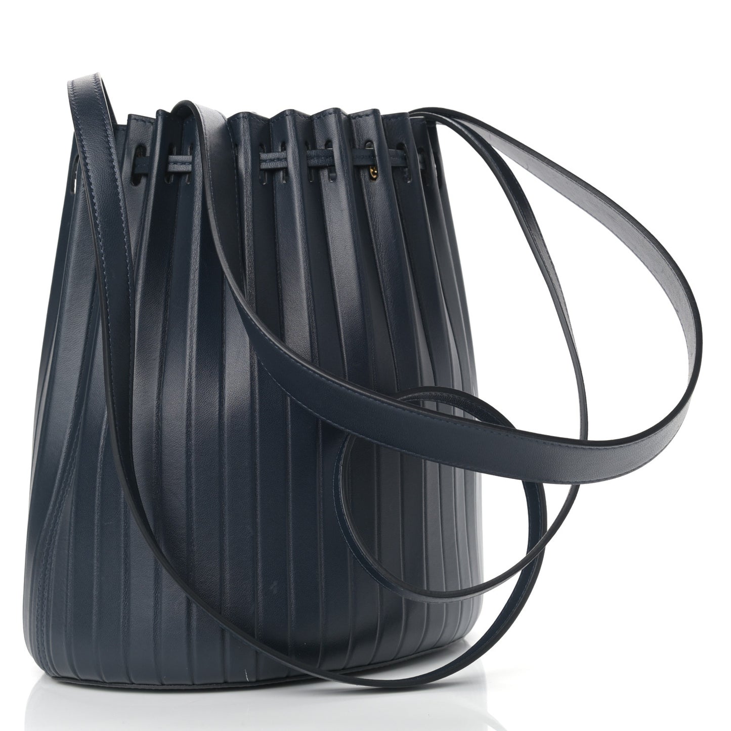 Vegetable Tanned Calfskin Pleated Bucket Bag Blu