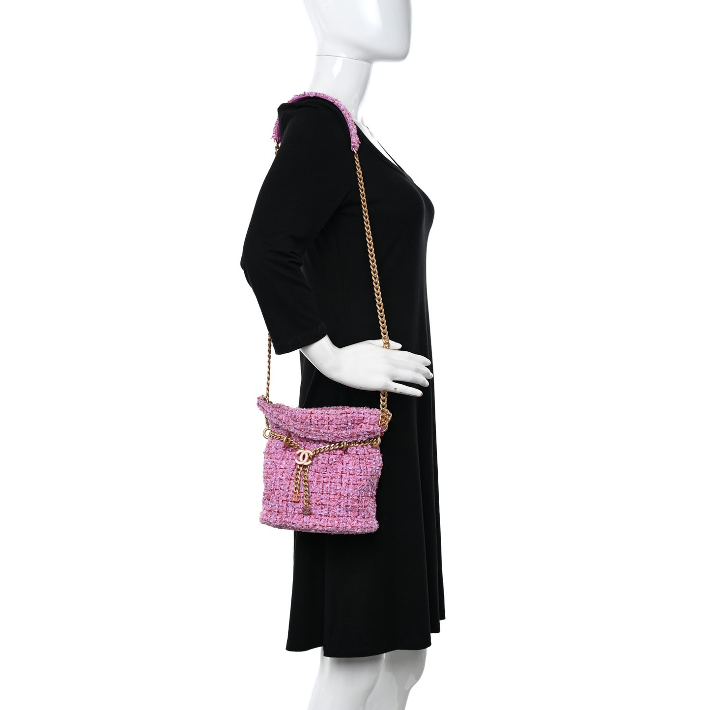 Tweed Enamel Quilted Pending CC Bucket Drawstring Bag Light Purple Pink Red