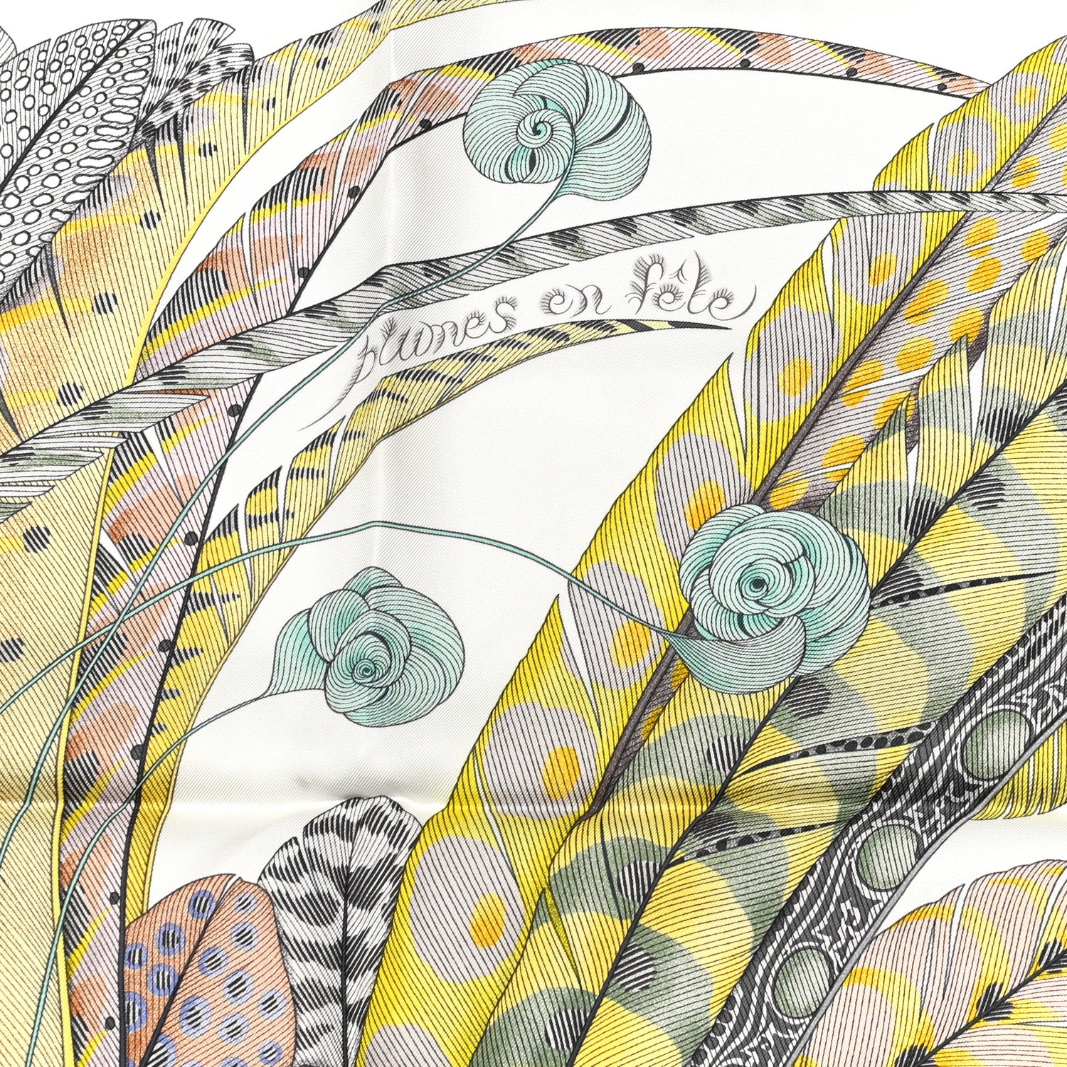 Hermes Silk Plumes En Fete Scarf 90 Blanc Jaune Mauve 3 of 4