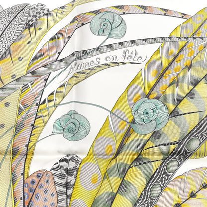 Hermes Silk Plumes En Fete Scarf 90 Blanc Jaune Mauve 3 of 4