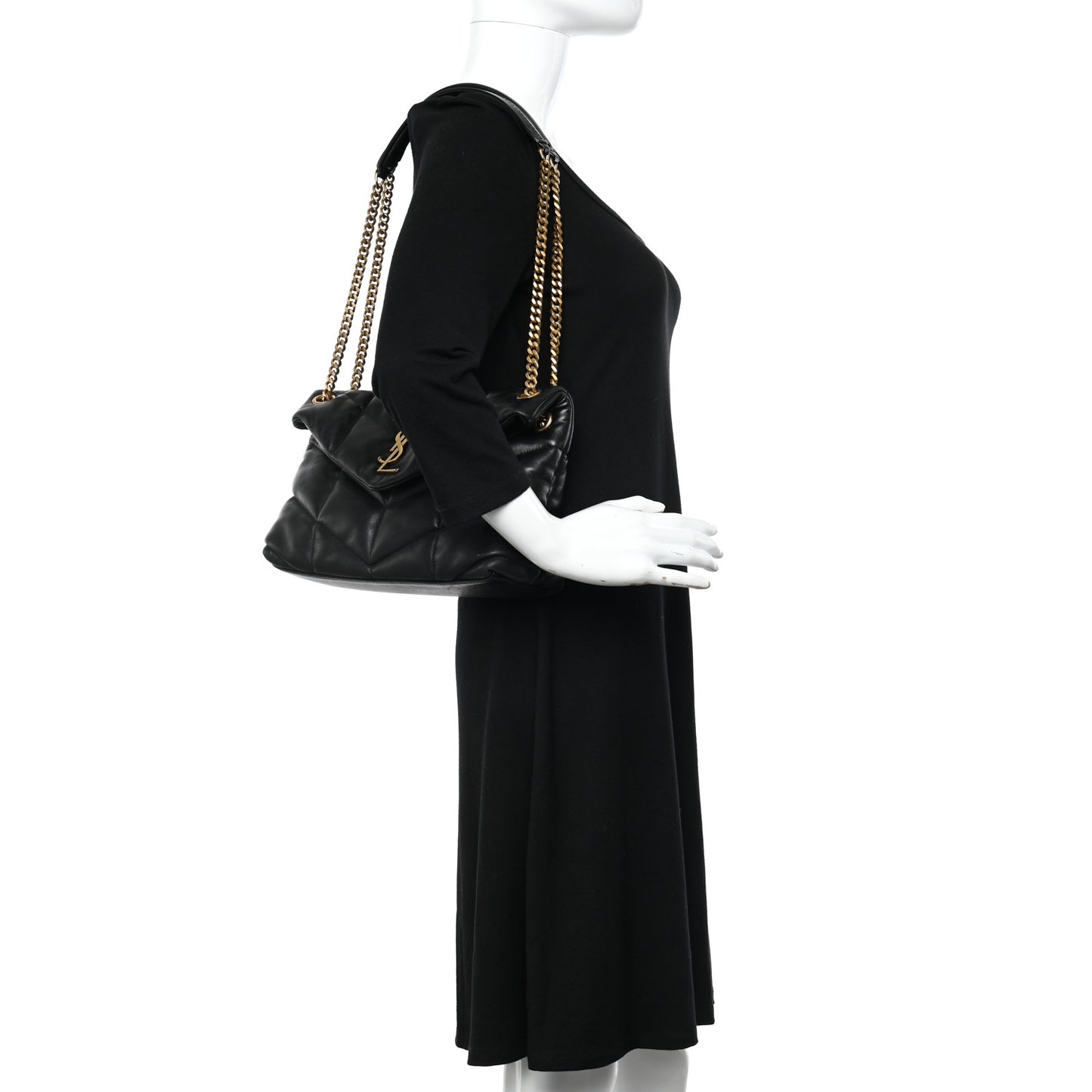 Lambskin Quilted Small Loulou Puffer Monogram Chain Satchel Black