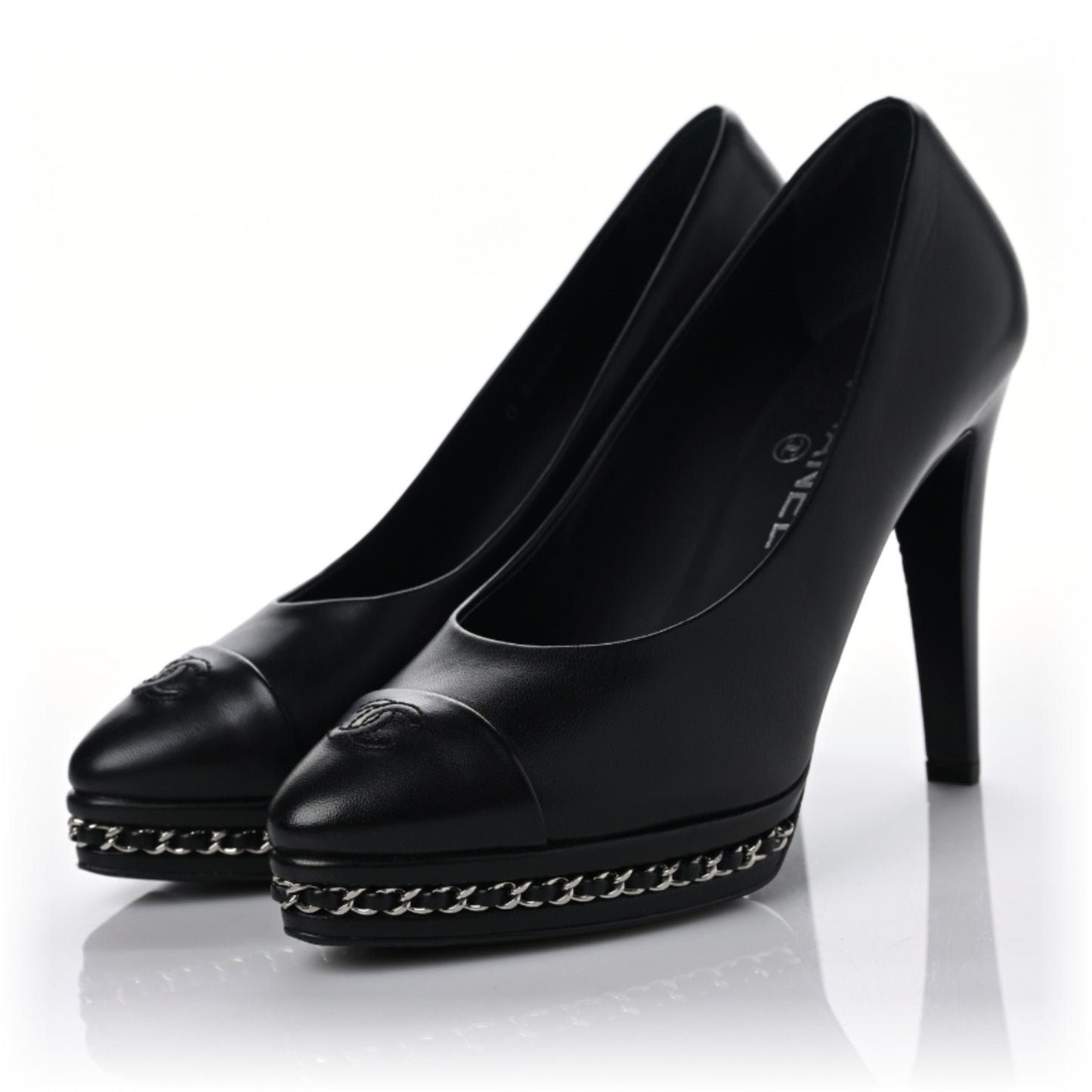 Calfskin Patent CC Cap Toe Platform Chain Pumps 38 Black