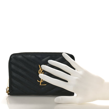 Saint Laurent Grain De Poudre Matelasse Chevron Monogram Small Zip Around Wallet Black 2 of 8