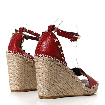 Valentino Garavani Grained Calfskin Rockstud Ankle Strap Espadrille 15/105mm Wedge Sandals 41 Rosso Valentino Natural 4 of 11